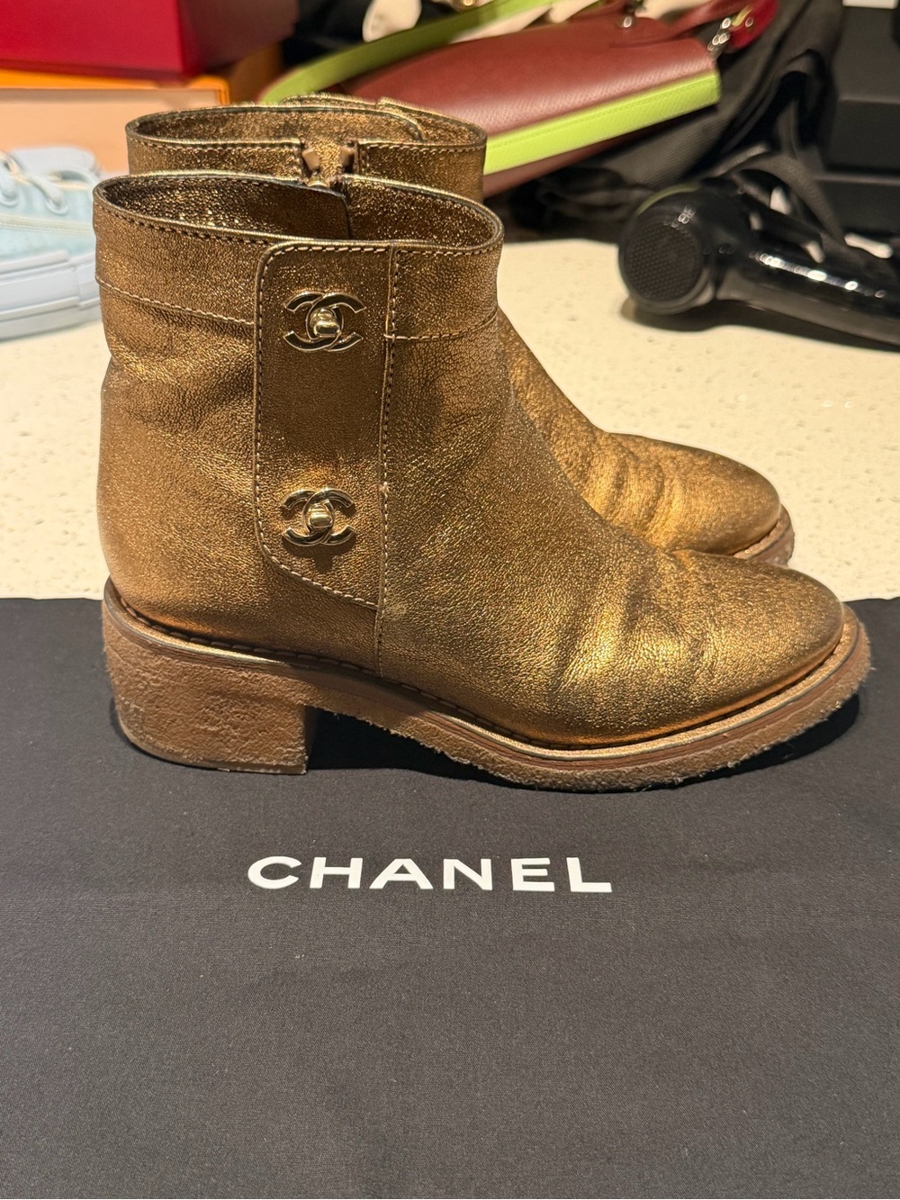 CHANEL Bronze Metallic Leather Ankle Boots with CC Logos 36